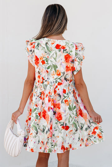 Floral Ruffle Sleeve V Neck High Waist Mini Dress